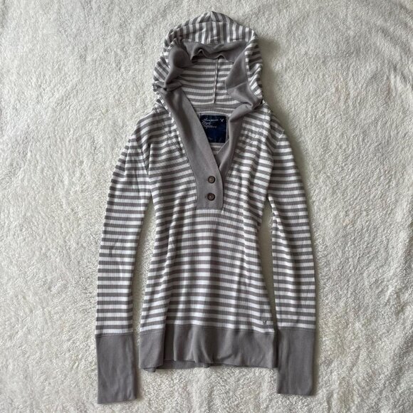 American Eagle Outfitters Grey and White Striped Long Sleeve Top - Picture 1 of 7